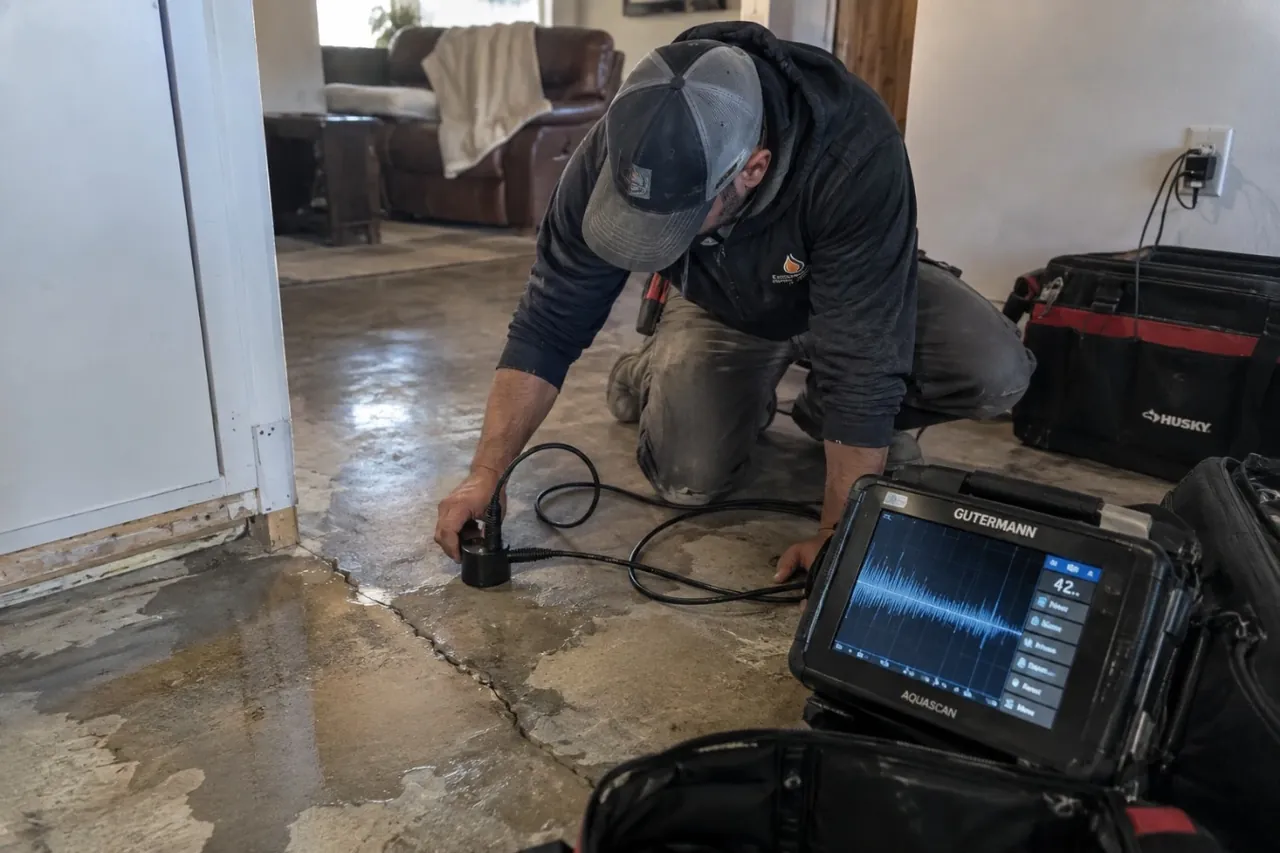 Technician using acoustic listening equipment on a cracked concrete slab floor inside an Austin home to pinpoint a hidden slab leak