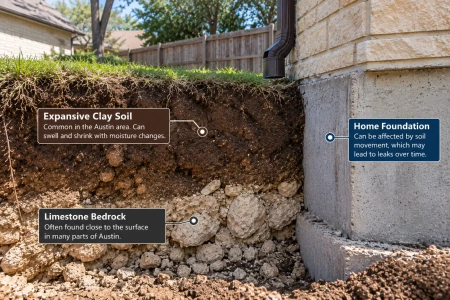 Cross-section diagram of expansive clay soil beneath a home foundation, showing how the soil swells when wet and shrinks when dry, stressing the rigid pipes running beneath the slab