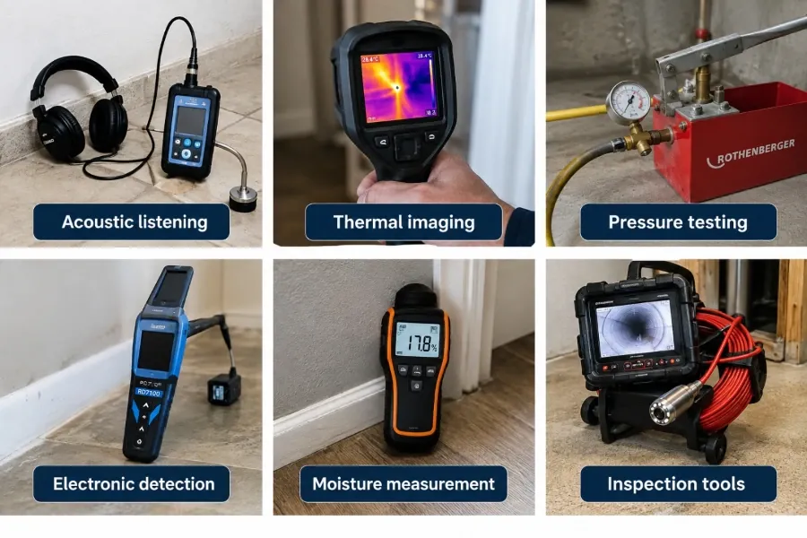 Six leak detection tools used before any cutting or digging, each labeled: acoustic listening equipment, a thermal imaging camera, a pressure testing gauge, an electronic detection meter, a moisture meter, and a pipe inspection camera