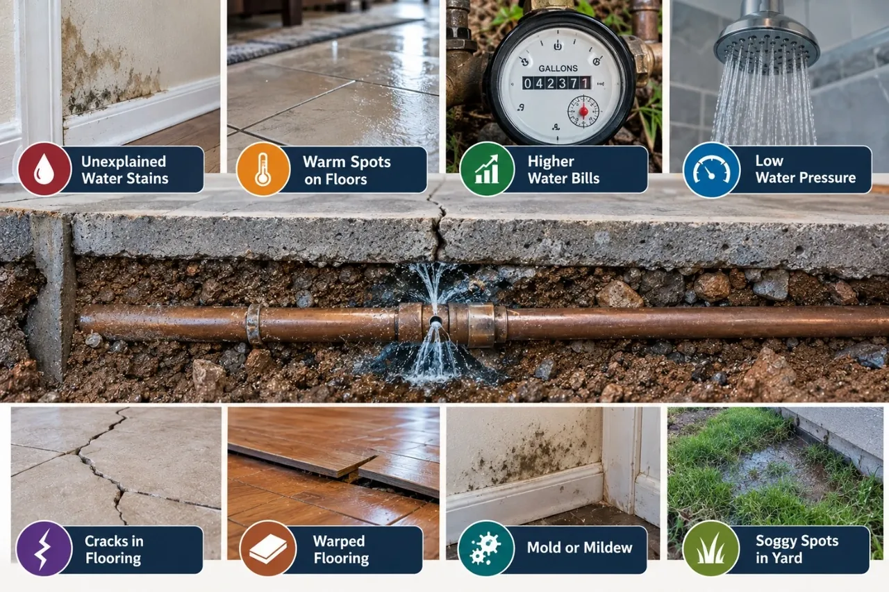 Eight warning signs of a hidden water leak: unexplained water stains, warm spots on floors, higher water bills, low water pressure, cracks in flooring, warped flooring, mold or mildew, and soggy spots in the yard