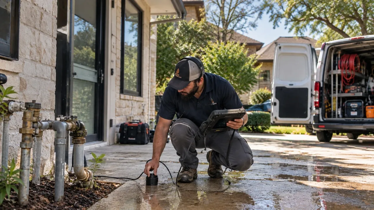 Leak detection technician with acoustic listening equipment at an Austin home, service van with equipment parked in the driveway