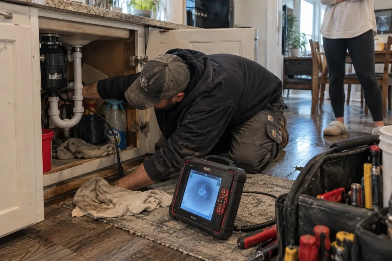 Technician inspecting a kitchen fixture and supply line under a sink with an inspection camera during a residential leak detection visit